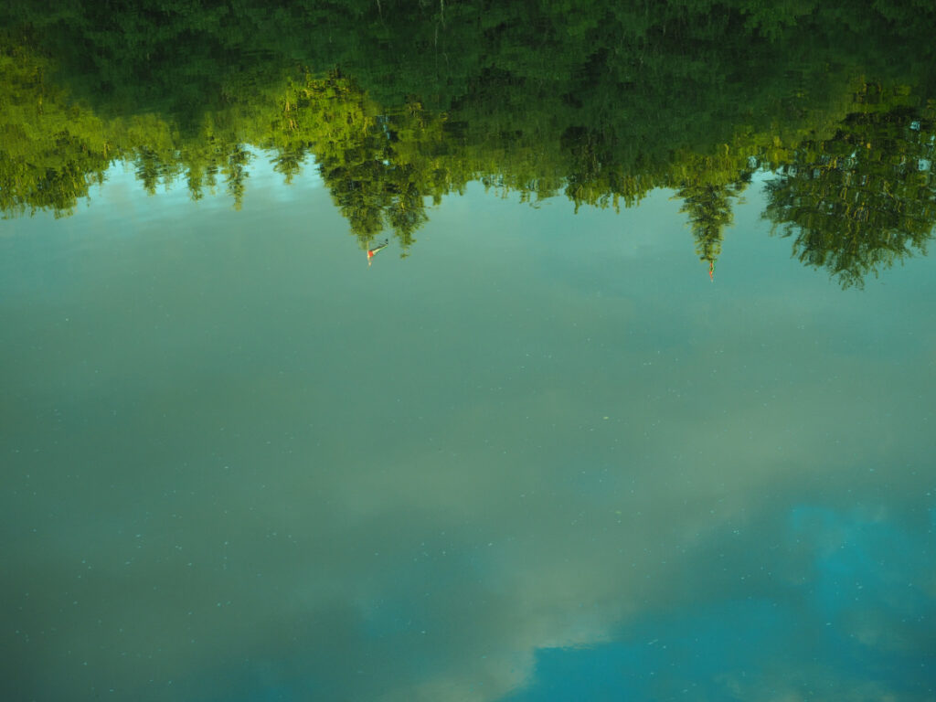 drapeau palestinien flottant au-dessus d'un lac de montagne dans la Creuse. Un monde à l'envers.